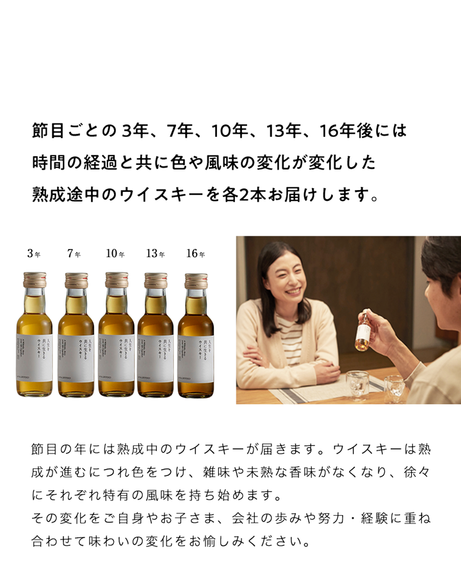 節目ごとの 3年、7年、10年、13年、16年後には時間の経過と共に色や風味の変化が変化した熟成途中のウイスキーをお届けします。節目の年には熟成中のウイスキーが届きます。ウイスキーは熟成が進むにつれ色をつけ、雑味や未熟な香味がなくなり、徐々にそれぞれ特有の風味を持ち始めます。その変化をご自身やお子さま、会社の歩みや努力・経験に重ね合わせて味わいの変化をお愉しみください。